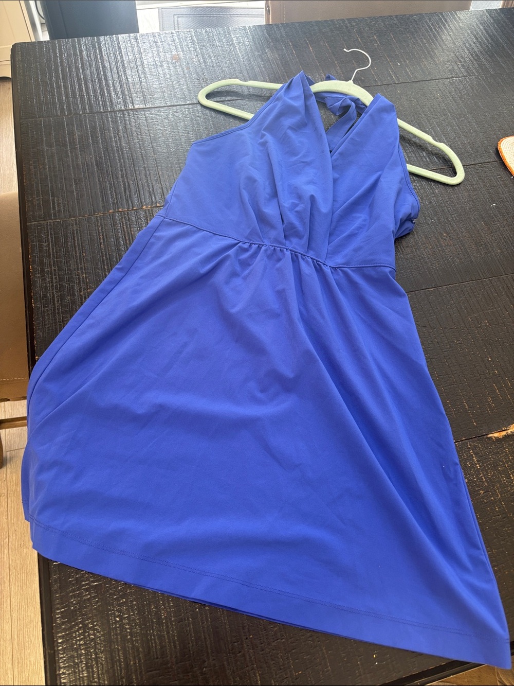 Athleta Royal Blue Dress Tie Neck V-neck Smocked Back size 8P